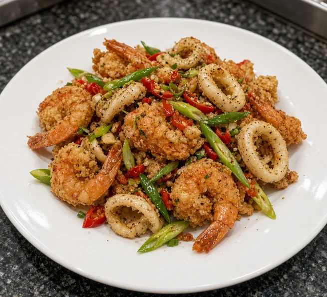 Salt and pepper mixed seafood with shrimp and squid from Asian Buffet, Calgary
